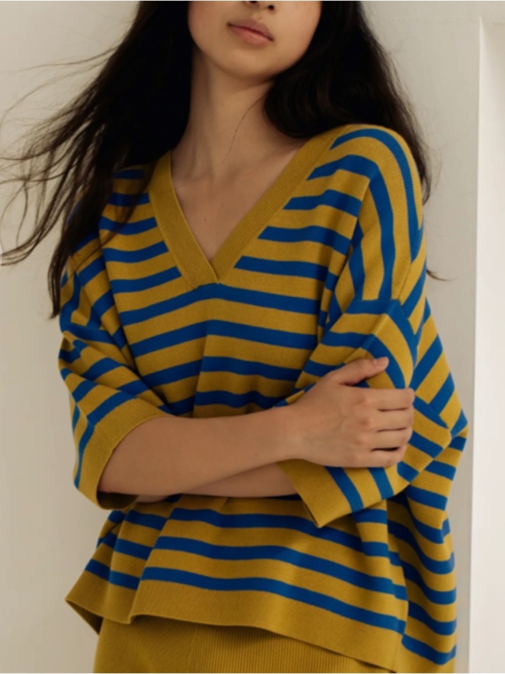Paper Label Striped V-Neck Knit Blouse